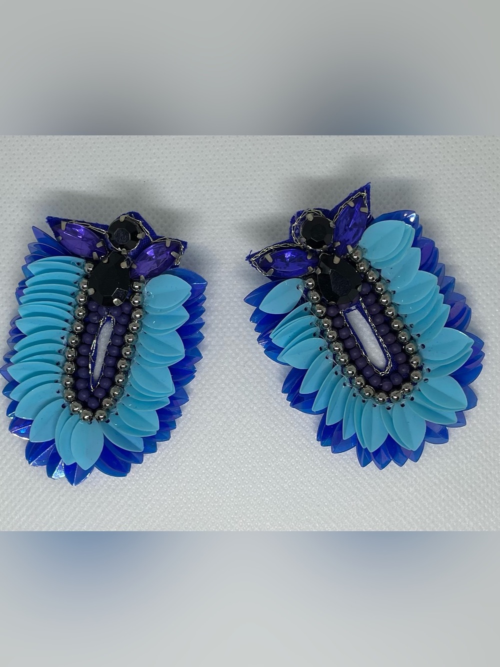 Statement Blue Sequin Beaded Drop Earrings | Bold Glam Cocktail Earrings